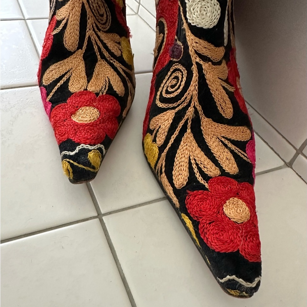 Embroidered velvet mid hi ankle boots
